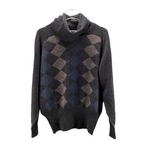 Tricots St.Raphael Sweater Womens  Large Gray Blue Argyle Cowl neck Wool Vintage